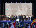 Representatives of all teams for the Women's America's Cup on the Barcelona stage