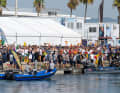There was a jubilant atmosphere at the dock-out of the women's crews in the former Olympic harbour of Barcelona