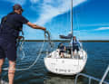 Care must be taken when approaching the rudderless yacht as it may turn unexpectedly