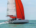 Up the leg. The tri always sails downwind with a slight heel. Upwind, the swimmer dives out.