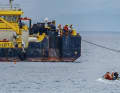 The multi-purpose pontoon "Hebo Lift 2", which has travelled from Rotterdam for the salvage work, is also part of the salvage operation.