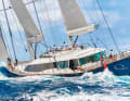 71st Q: The Slup initially sailed as "Mondango" - her owner, a Canadian living in Hong Kong, had ordered a copy of "Red Dragon" (72nd place) from Ed Dubois. In 2016, a new owner took over, turned the Slup into a ketch and named her "Q". Up to twelve charter guests can enjoy a jacuzzi on the foredeck and bright living areas styled by Reymond Langton. Charter price: from 245,000 euros per week.