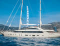 75th Aresteas: The motor sailer with an interior volume of 488 gross tonnes offers a cinema and a large tender and toy arsenal. The Turkish shipyard laminated both the hull and superstructure from wood using the cold-moulded process. Ridade Tuncel and Aldo Viani provided the design. "Aresteas" has been looking for a new owner for some time, most recently for 12.5 million euros - three million euros less than was estimated in 2019.