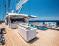 Aft deck: Many small seating areas are evenly distributed across "Aquijo". Stainless steel cleats and deck winches in XXL format help with mooring