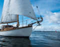 View of the bow of the "Gertrud III" with the striking jib boom