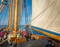 View from the foredeck aft of the boom jib, schooner, mainsail and mizzen