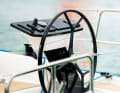 The steering columns are positioned very far aft and on the outside to keep the cockpit spacious