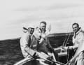 Crown Prince Harald with crew on board FRAM V, N 39, built in 1970, Soling class, 1972 Summer Olympics, 10th place