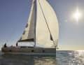 Viewed from the outside, the large hull windows are the most striking feature