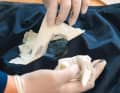 5. Das Klebeband direkt danach entfernen, damit es nicht mit festgeklebt wird. Überschüssigen Kleber mit Tuch abwischen  