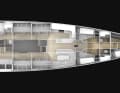 The interior is highly compartmentalised, with cabins and laboratories taking up most of the space