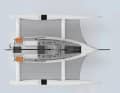 Ready to sail, the width is an impressive 6.60 metres with a hull length of 8.80 metres. The width can be reduced by more than four metres