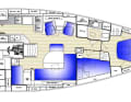 Rich in variants. Large double beds fore and aft, long kitchenette in the passageway to the aft cabin