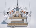 Elaborate: The full-width bathing platform also has a step that folds out for easier access. The life raft is stowed under the cockpit table