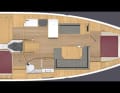 Bavaria C38, layout standard con due cabine, un bagno e un grande gavone sul lato sinistro a poppa
