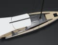 Sul lato cantiere: il bimini opzionale si estende sulla piattaforma da bagno, il...