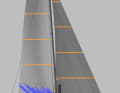 The mast stands relatively far back and is enormously high at over 30 metres