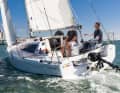 Efficient layout. The traveller is mounted all the way to the stern, like on a Mini 6.50, so the boom extends all the way back to the stern