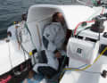 A canopy with a viewing window above the companionway protects the glider from overflowing water. The roof is quickly removed