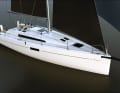 The mast is obviously positioned very far aft. This allows a large, overlapping headsail. The high sail carrying capacity stands for high performance potential under sail