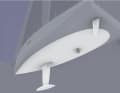 A powerful T-keel and two rudder blades are provided. The white-coloured area marks the wetted surface in a neutral floating position. This appears quite small