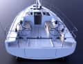 Clear orientation as a performance boat: long traveller on the cockpit floor, primary and secondary sheet winches on the side and two winches on the side of the companionway for halyards, reefing and trim lines