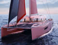 The cabin superstructure is mounted far aft. The hulls are long and slim at the front