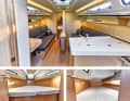 Dehler 38 SQ     Der Innenausbau mit den vielen hellen Oberflächen mutet sehr modern an, das Raumgefühl ist offen, hell und einladend. In der Ausbauversion mit drei Kabinen ist die Koje steuerbords breiter als auf der Gegenseite. Die Liegefläche im Vorschiff ist ziemlich hoch eingebaut, auch daher schön breit