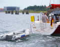 Wrong: The dinghy runs up the stern sea.  It may run straight ahead in a stable manner, but you will pay for this with very high towing resistance