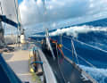 The Moody 41 "Malouine" surfs the Atlantic wave at eleven knots. The beat to Madeira is rather uncomfortable