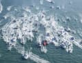 Die siegreichen Neuseeländer kehren in den Hafen zurück, flankiert von einer Flotte von Begleitbooten