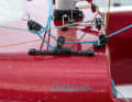 The jib sheet is double-sheeted.  There are no winches on board