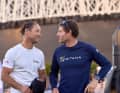 Francis Joyon in conversation with winner Charles Caudrelier (r.)