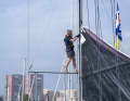 Final preparations on the mainsail of the Whitebread racer "CJ Legend".