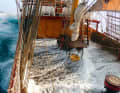 Breakers wash over the working deck. Sailing between 50 and 60 degrees south is challenging