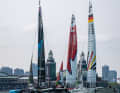 On the first day, the F50 catamarans raced across the sailing arena off Chicago's Navy Pier in good winds