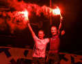 Armel Le Cléac'h and Sébastien Josse celebrate their triumph in the Transat Jacques Vabre with a red beacon
