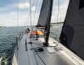 The superstructure is small, the deck sheer