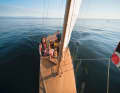 The narrow starboard cockpit prevents water from getting inside even if the boat capsizes.