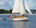 "Firecrest II" is permanently moored at the buoy off Eckernförde and can only be reached by dinghy. The large clinker-built dinghy is towed behind on the cruise
