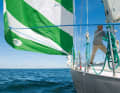 The foredeck is wide and tidy and clear, no tripping hazards, no frills. In return, it allows sensible work on the sails under all conditions