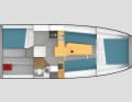 Tourentauglich unter Deck. Zwei Doppelkabinen, dazu eine Nasszelle sowie Pantry und Navigation