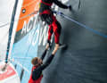 Here the J2 is being mended by Nico Lunven (above) and co-skipper Will Harris