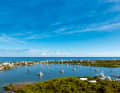 Veduta del porto di Hope Town dal faro con l'Oceano Atlantico sullo sfondo