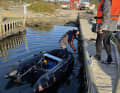 The dolphin's object of desire: the rubber dinghy towed into Skødshoved harbour