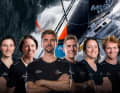 Team Malizias Crew fürs Ocean Race Europe (v.r.n.l.): Flore Hartout (Anbord-Reporterin), Loïs Berrehar, Justine Mettraux, Will Harris, Boris Herrmann, Francesca Clapcich, Cole Brauer, Antoine Auriol (Anbord-Reporter).