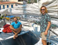 Tim Hund (l.), 25, and Vincent Goymann, 23, on their "Arrya" in Greece