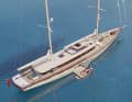 The bathing platform of the 62-metre-long steel ketch opens hydraulically amidships | Rendering: Ares Yachts