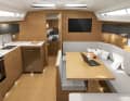 The galley is a long element built into the side of the saloon. The work surfaces are huge and there is an abundance of storage space
