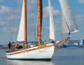 In addition to the rigging, the low freeboard and the strong deck jump are characteristic features